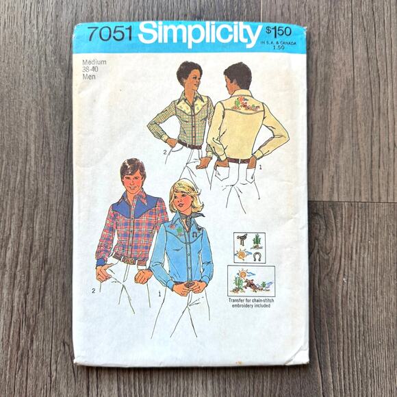 UNCUT Vintage 1970s Simplicity 7051 Sewing Pattern Men Med Western Button Up Top - Picture 1 of 2